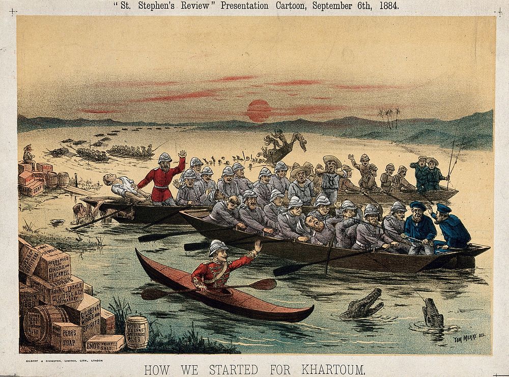 Men on rowing boats heading towards Khartoum, Sudan; representing the relief of General Gordon's expedition. Colour…
