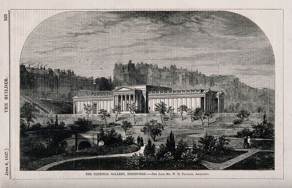 The National Gallery, Edinburgh, Scotland. Wood engraving by C. Sheeres, 1857, after B. Sly.
