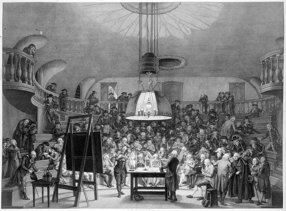 J.H. van Swinden demonstrating the generation of electricity to the Felix Meritis Society, Amsterdam. Engraving by R.…