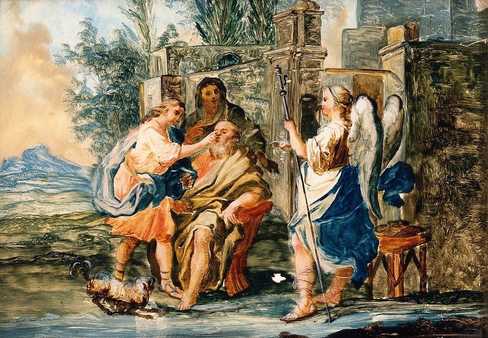 Tobias restoring the eyesight of Tobit in the presence of Raphael and Anna. Gouache painting by a Spanish painter, 19th …