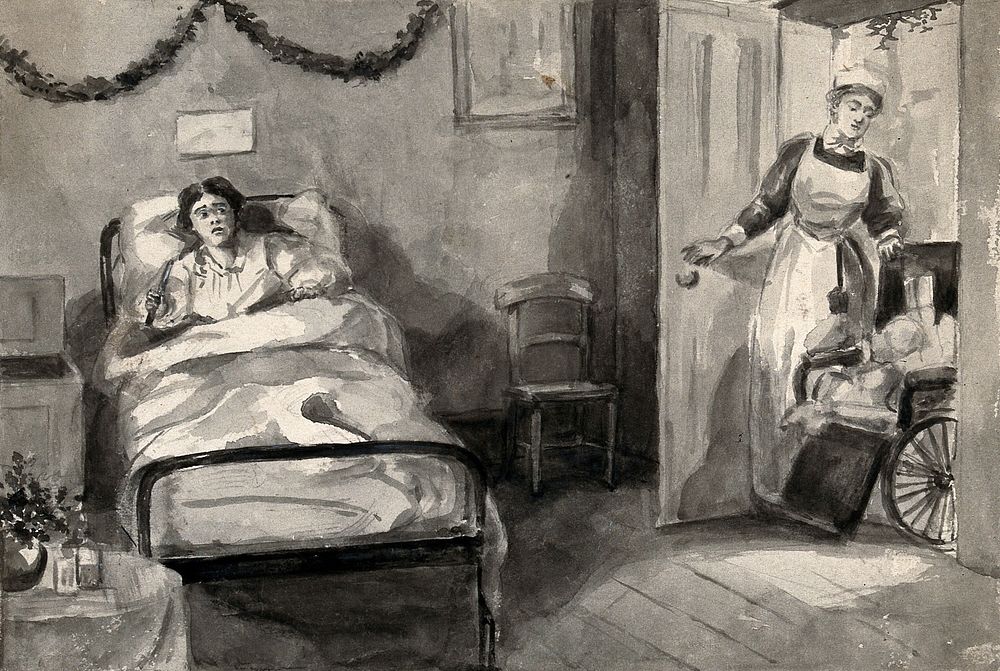 A girl in bed clutching a knife as she anxiously looks towards a nurse entering the room with a wheelchair. Watercolour.