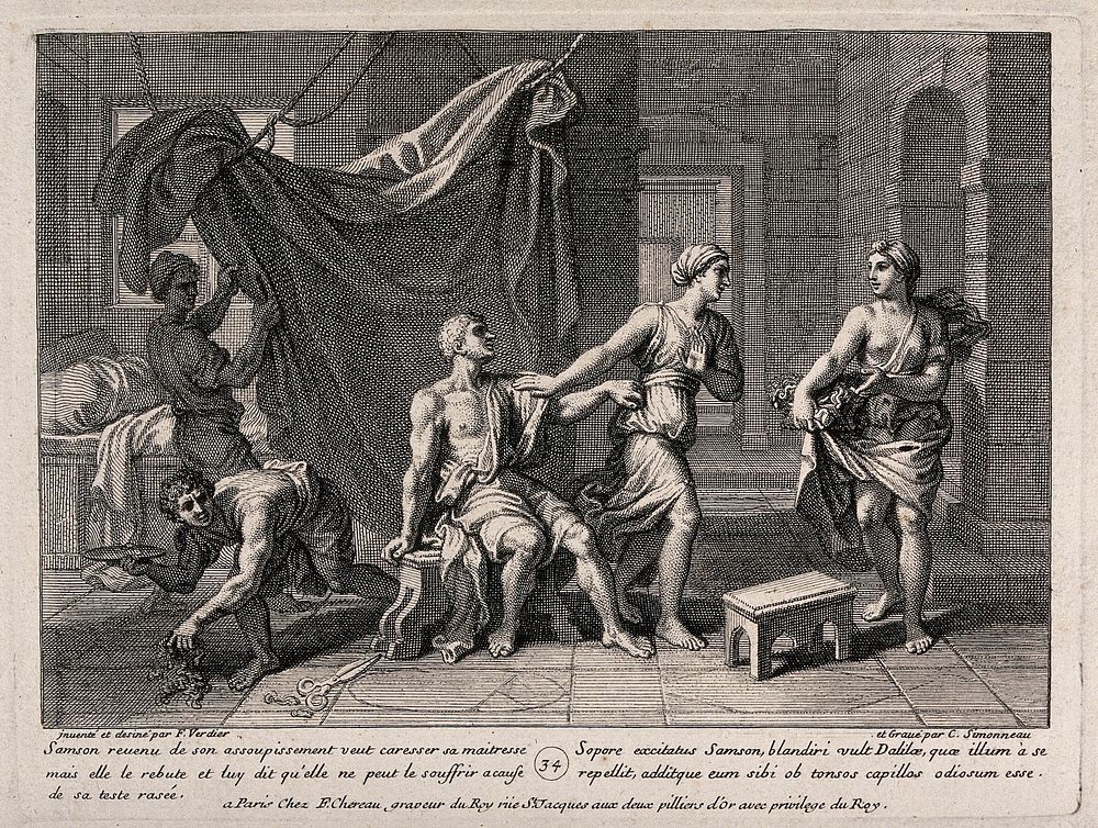 The shorn Samson is rebuffed by Delilah. Engraving by C. Simonneau after F. Verdier, 1698.
