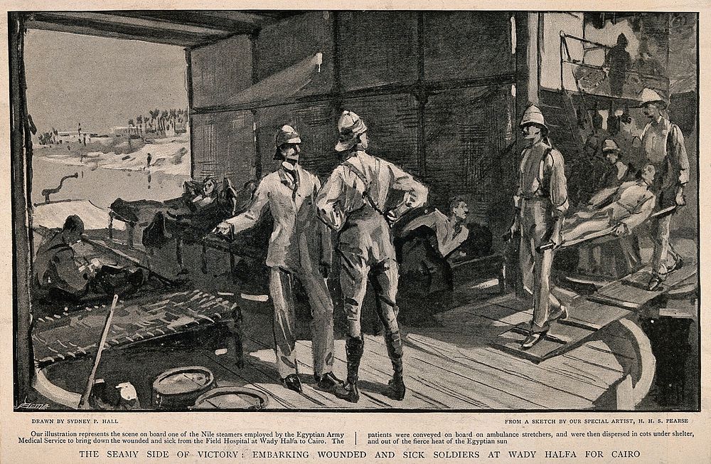 The War in Egypt, Egypt: patients being taken on board one of the Nile steamers. Process print after S.P. Hall after H.H.S.…