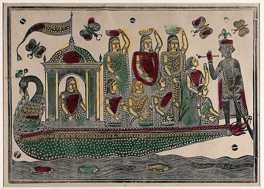 Krishna steers a peacock boat with eight girls. Print by an Indian artist, 18--.
