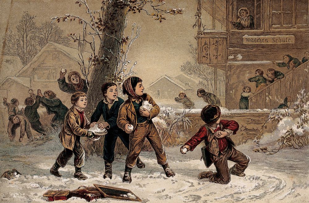 Schoolboys throwing snowballs at schoolgirls as the girls leave school. Chromolithograph after E. Girardet.