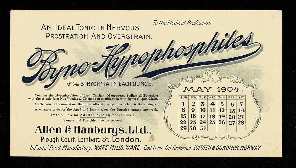 Byno-Hypophosphites : an ideal tonic in nervous prostration and overstrain : May 1904.