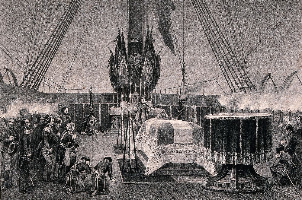 A priest performing a ceremony on board a ship containing the remains of Napoleon Bonaparte. Lithograph by J. Arnout.