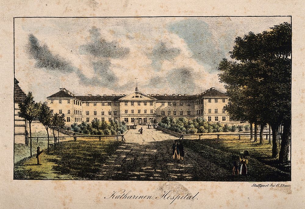 Katharinen Hospital, Stuttgart, Germany. Coloured lithograph.