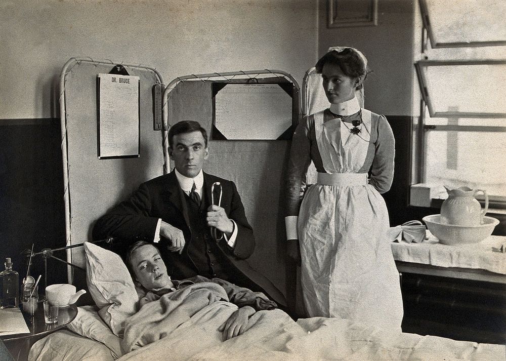 Charing Cross Hospital: Basil Hood with patient. Photograph, 1904.