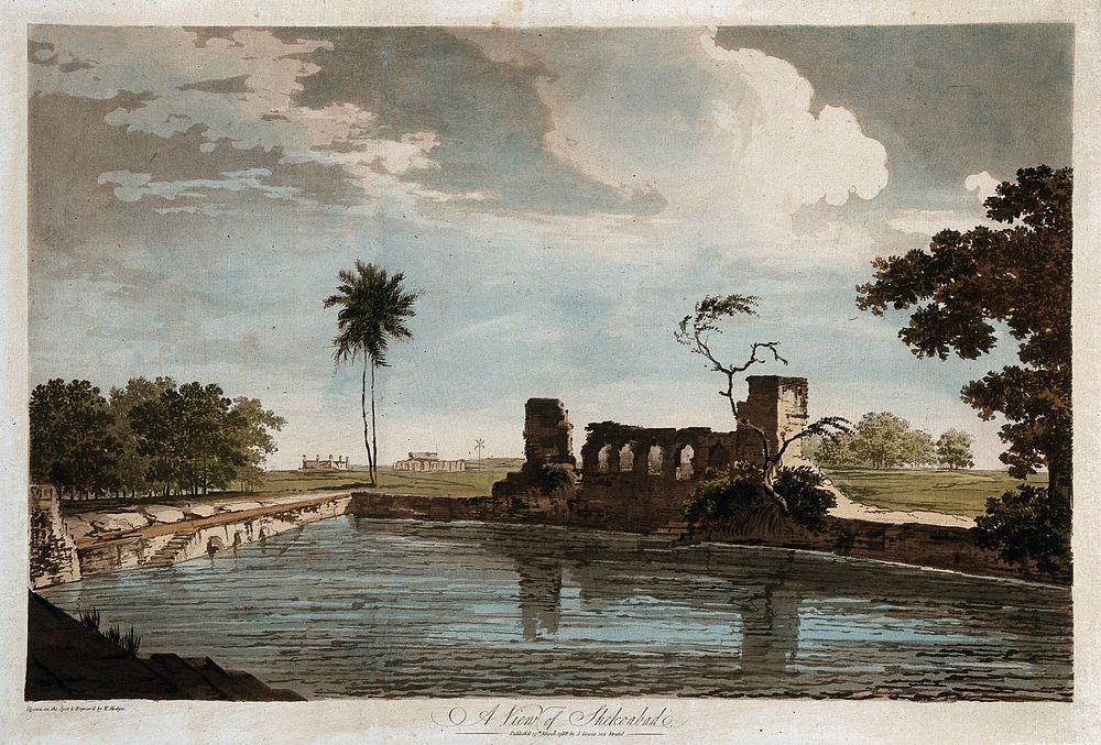 Landscape with pool and ruin, Shekoabad, India. Coloured etching by William Hodges, 1788.