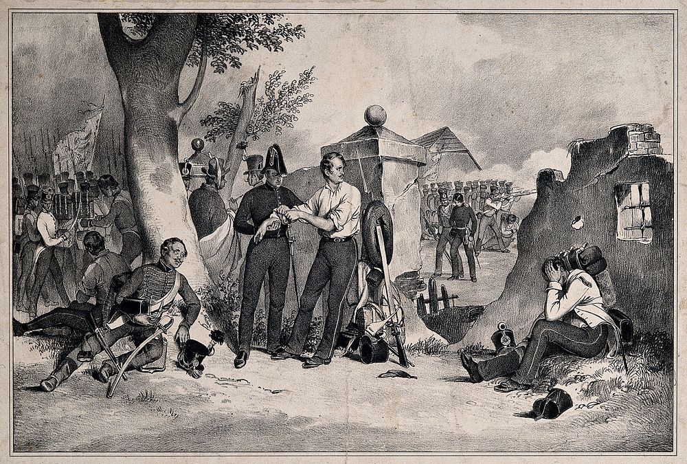 Soldiers being offered medical help behind the battlefield. Lithograph.