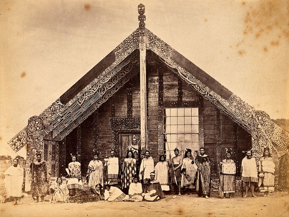 New Zealand: a group of Maori people in front of a traditional building. Albumen print.