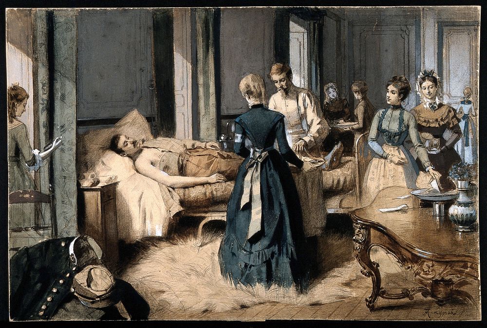 A doctor and some women attend to and prepare bandages for a wounded military man lying in comfortable surroundings.…