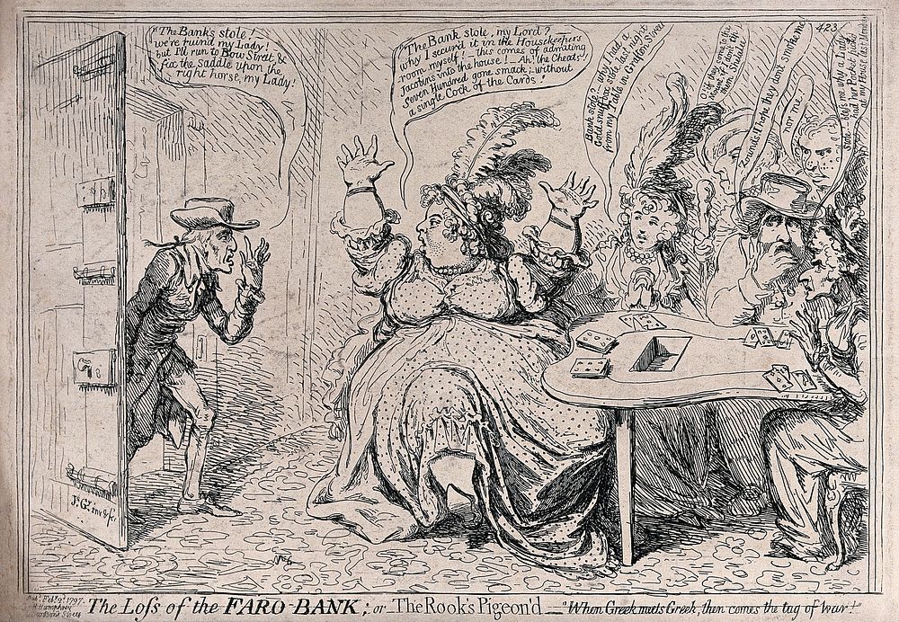While Lady Buckingham is gambling with her cronies, her husband enters to report the theft of the bank. Etching by James…