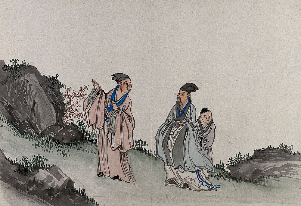 Two Chinese sages, with an assistant in a garden. Gouache by a Chinese artist, ca. 1850.