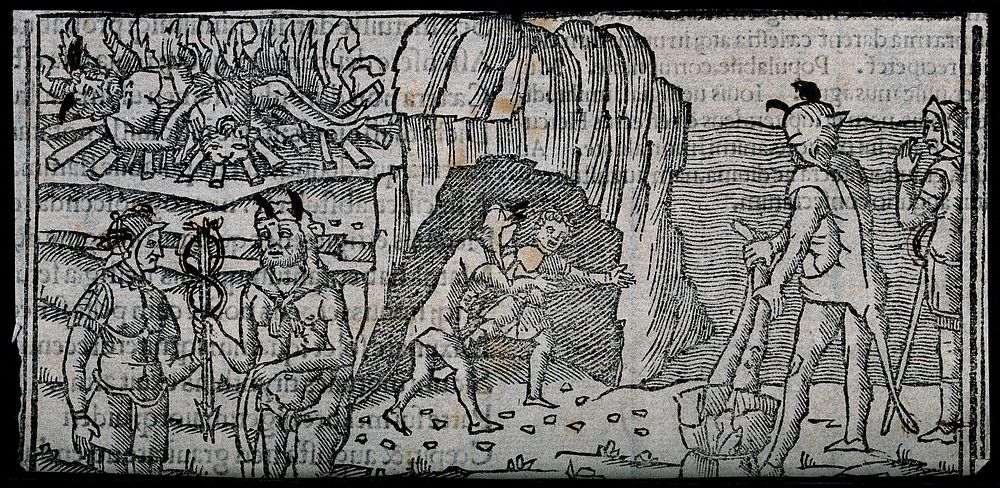 Various forms of torture, including a man being burnt alive and a man being held upside down. Woodcut.