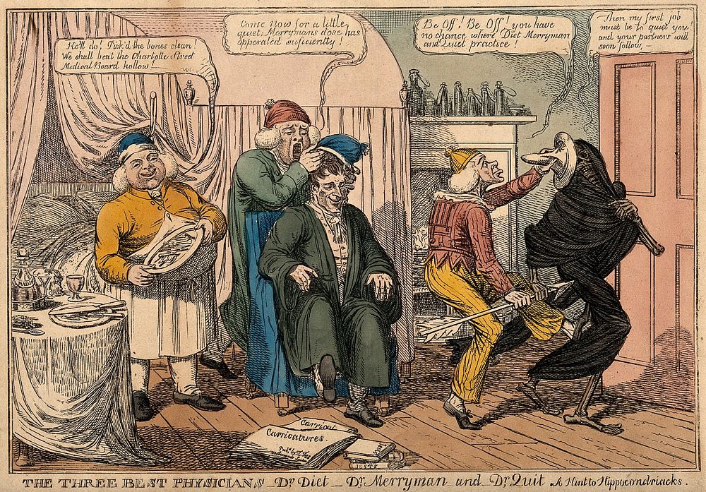 Three doctors representing diet, cheerfulness and rest, defend their patient from death. Coloured etching by C. Williams…
