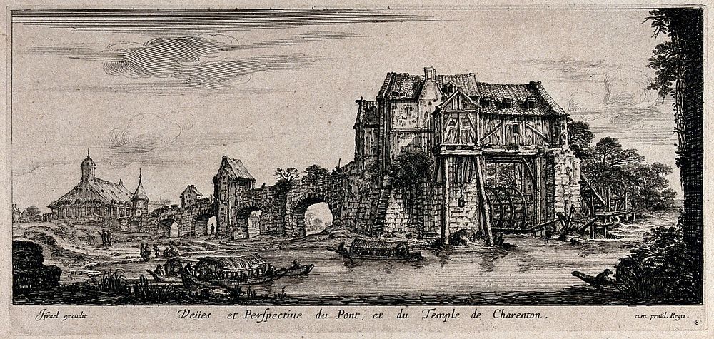 The bridge and church at Charenton. Etching.