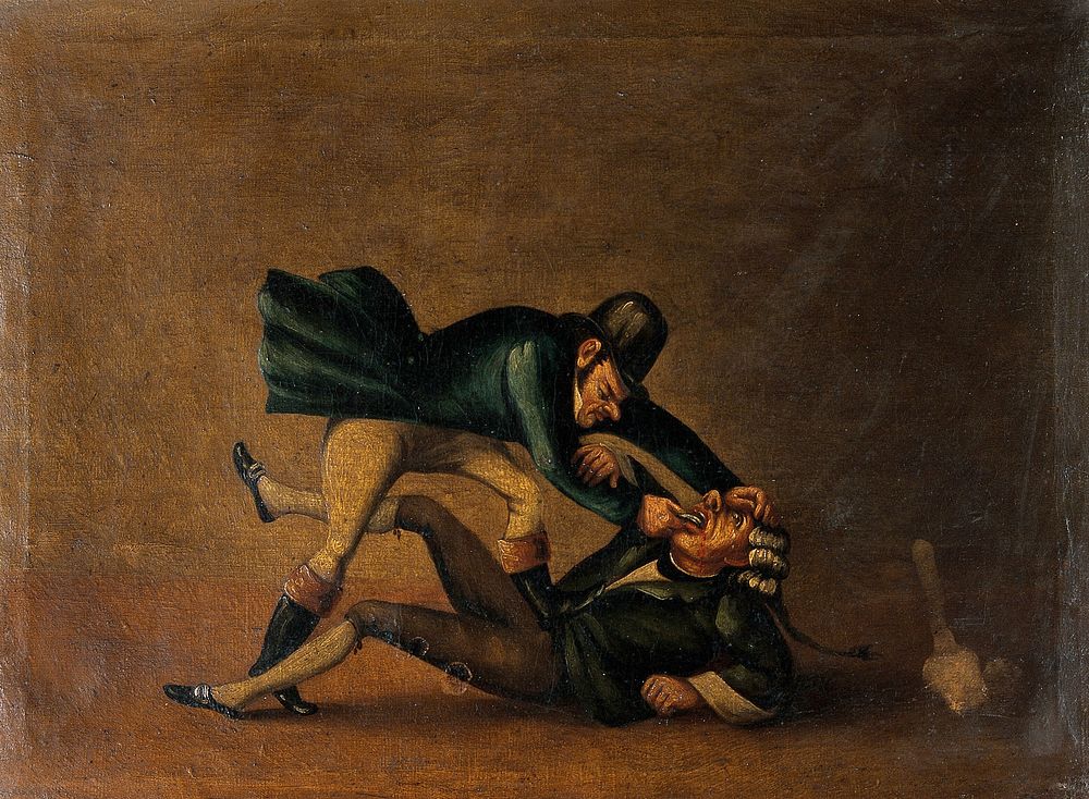 Extraction of a tooth. Oil painting in the manner of John Collier, known as "Tim Bobbin".