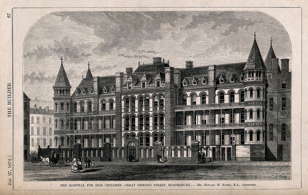 The Hospital for Sick Children, Great Ormond Street, London: the main facade. Wood engraving by W. E. Hodgkin after D. R.…