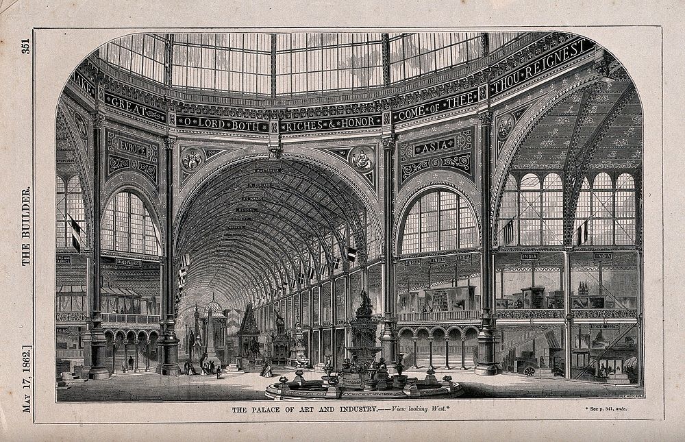 The Palace of Art and Industry, exhibition of 1862: the interior, at the crossing, looking west. Wood engraving by W. E.…