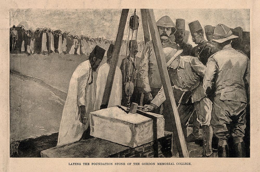 The Gordon Memorial College, Khartoum, Sudan: laying of the foudation stone. Process print after a wood engraving.