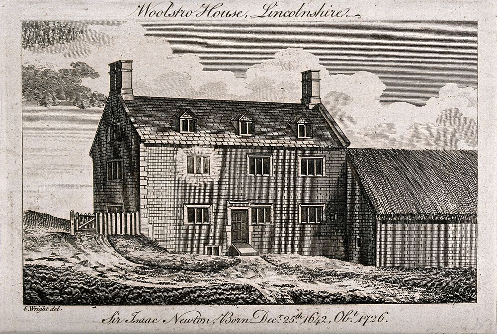 The house in Woolsthorpe, Lincolnshire, where Sir Isaac Newton was born. Engraving, 17--.