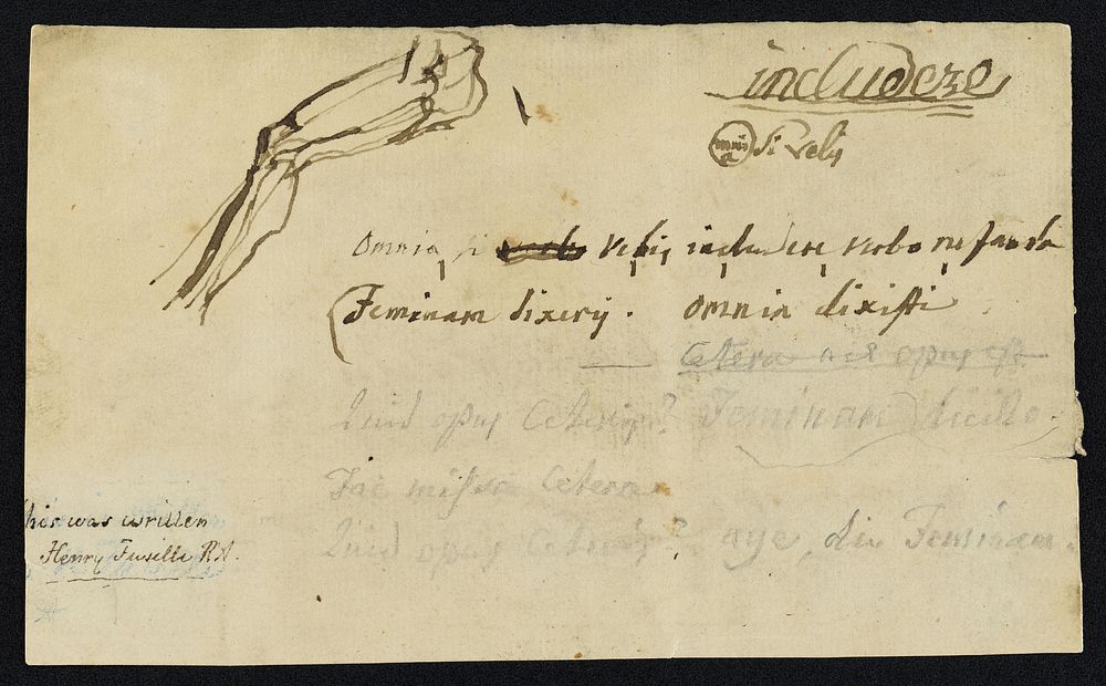 Muscles and bones of the leg; thoughts on woman. Drawing and inscription by H. Fuseli, 18-.