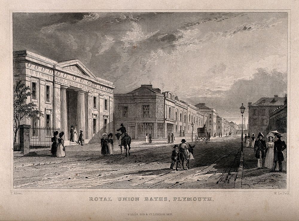 Royal Union Bath, Plymouth: part of the main street. Etching by W. Le Petit after T. Allom.