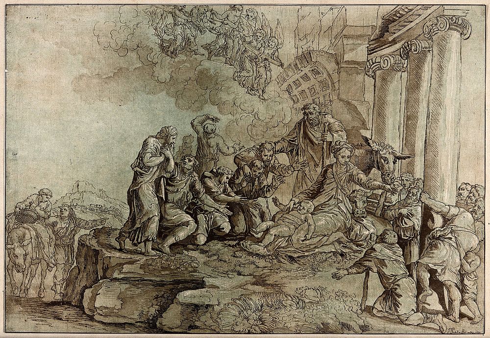 The adoration of the shepherds at the birth of Christ. Coloured aquatint with etching by J.G. Prestel after G.F.M. Mazzola…