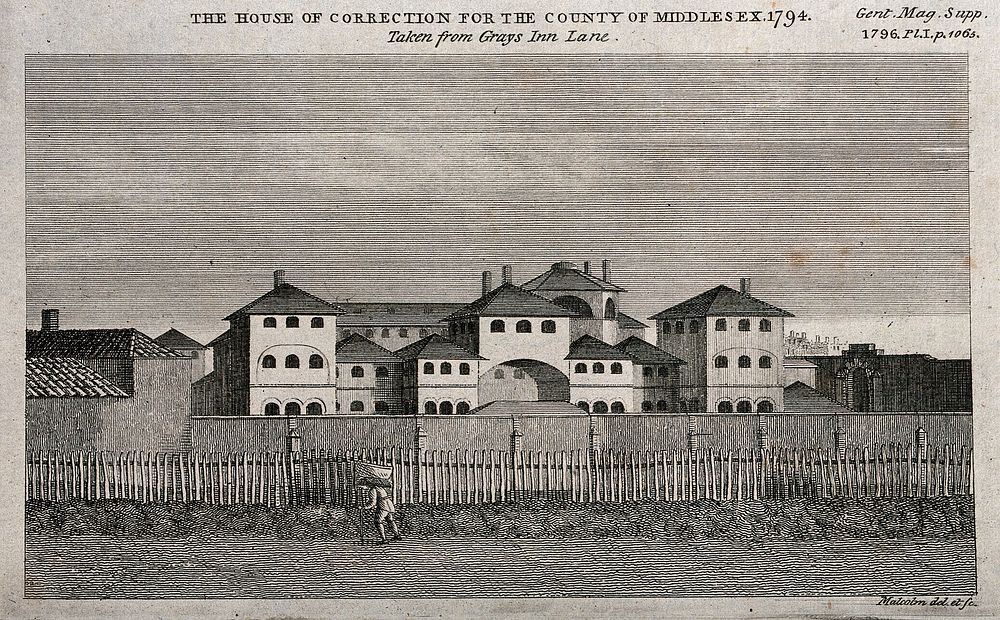 Middlesex House of Correction: surrounded by a high wall and a fence. Engraving by Malcolm after himself, 1796.