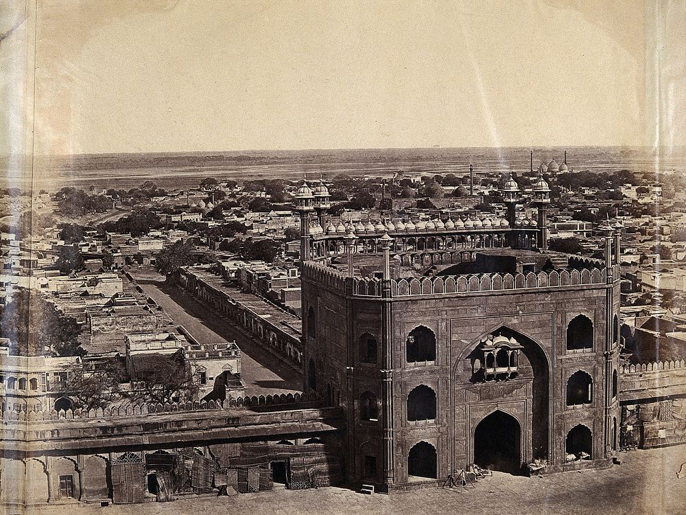 India: part of a panoramic view of Delhi including the entrance to the Jami Masjid mosque. Photograph by F. Beato, c. 1858.