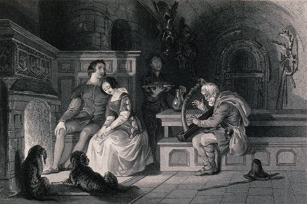 An old man plays a harp as a young couple sit together by a fire, with two dogs at their feet. Engraving by Frederick Heath…