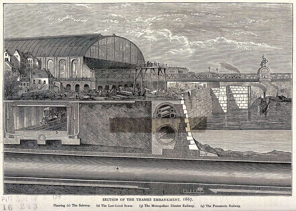 Section of the Thames embankment in 1867: the position of the low-level sewer is shown. Wood engraving.