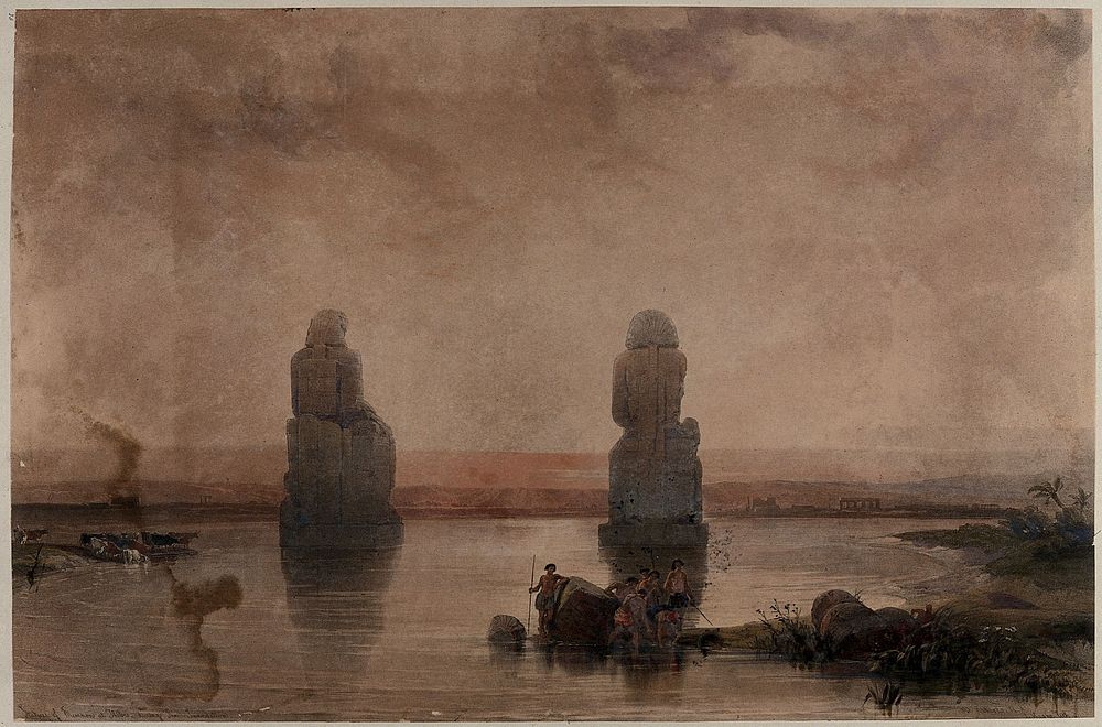 Colossal statues of Memnon (Pharaoh Amenhotep III), seen during the flooding of the Nile, Thebes, Egypt. Coloured lithograph…
