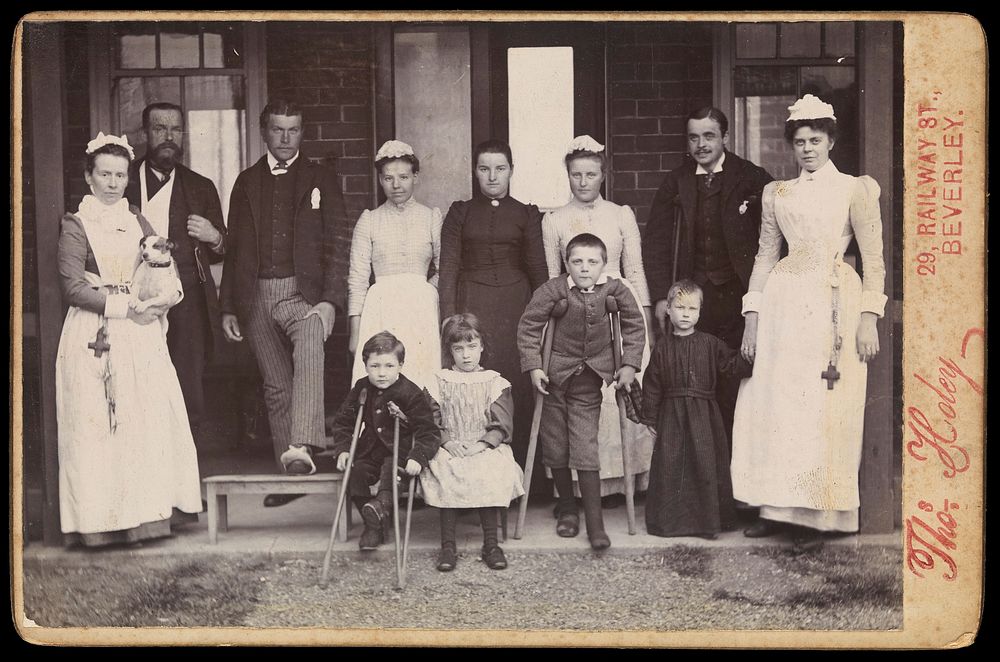 Staff and patients at a hospital in Yorkshire, ca. 1891. Photograph by T. Holey, ca. 1891.