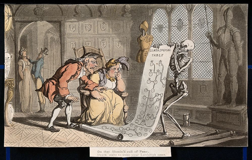 The dance of death: the genealogist. Coloured aquatint after T. Rowlandson, 1816.