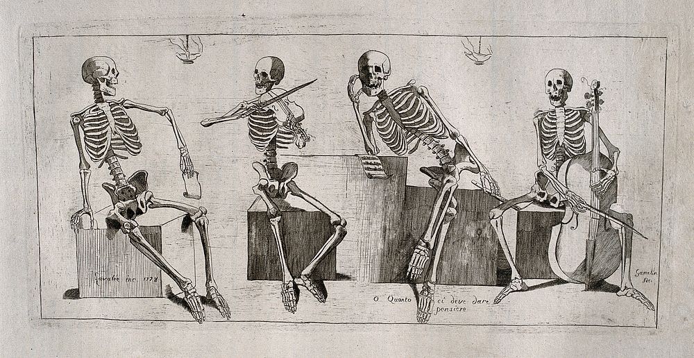 Four skeletons with musical instruments, seated in various positions: one is singing, another holds a flute, while two…