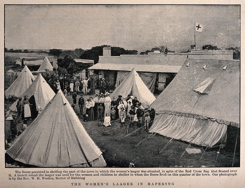 Boer War: people, tents and the field hospital at the women's laager in Mafeking (Mahikeng), South Africa. Halftone, c.…