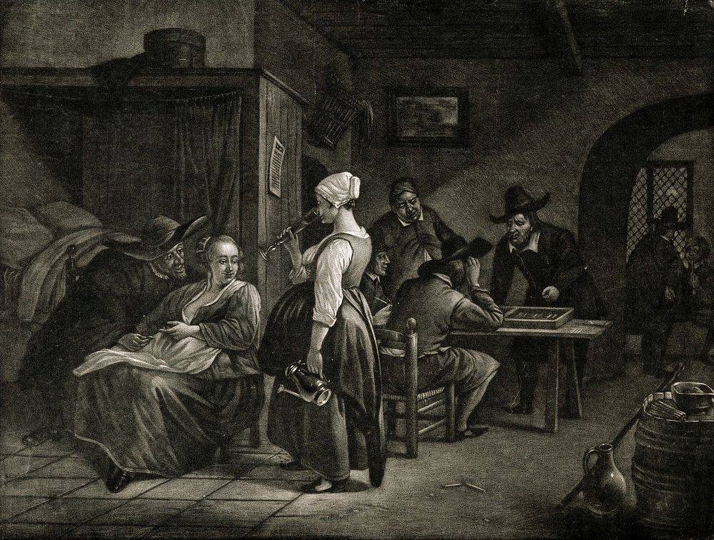 A dingy tavern with backgammon players and an amorous couple observing a pregnant woman as she drinks. Mezzotint by J.…