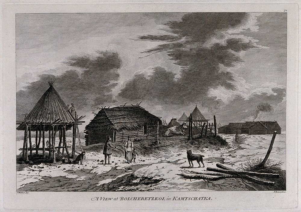 The village of Bolsheretsk in Kamchatka, with some of its inhabitants . Engraving by P. Benazech, 1784, after J. Webber.