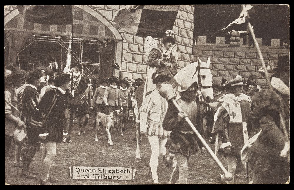 A re-enactment of the speech by Queen Elizabeth I at Tilbury before the Spanish Armada. Postcard, ca. 1929.