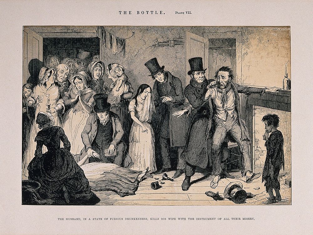 A drunken man is arrested for killing his wife. Etching by G. Cruikshank, 1847, after himself.