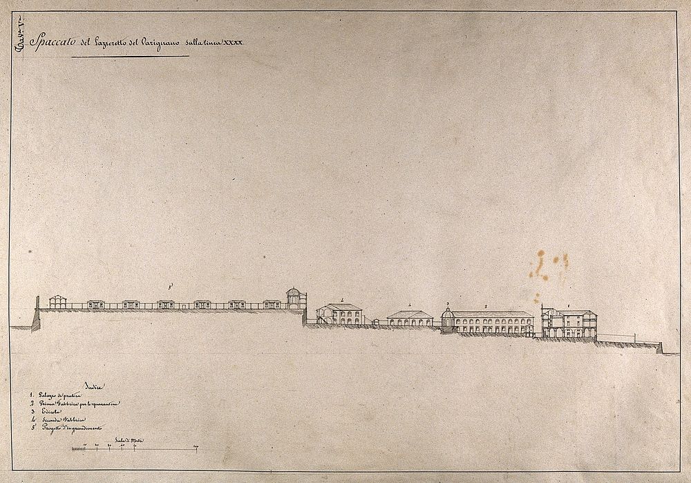 The lazaretto of Varignano at La Spezia: side view of the premises. Pen drawing by I. Cremona, c. 1825.
