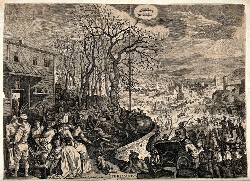 Months of the year: February, in which people celebrate carnival by over-indulgence, frost-fairs etc. Engraving after P.…