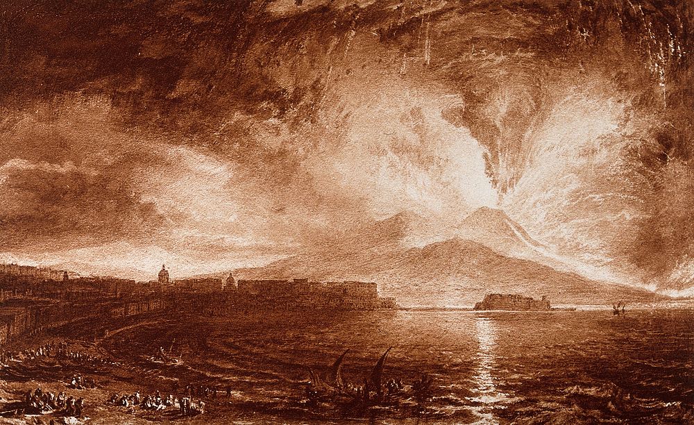 Vesuvius in eruption, with spectators on the beach at Naples and the Neapolitan skyline in the foreground. Colour process…