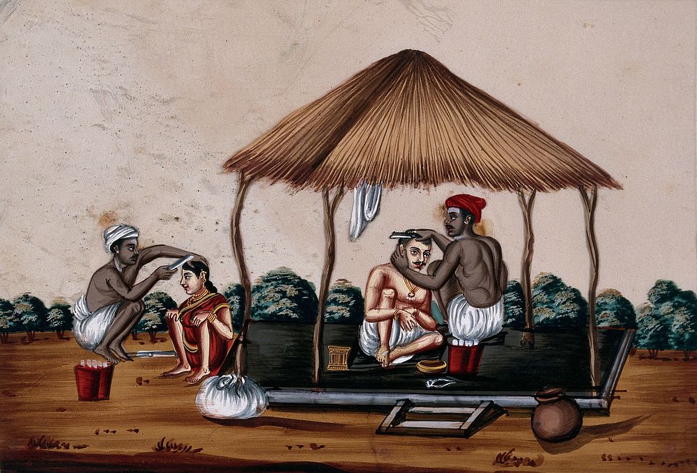 Two barbers at work. Gouache painting on mica by an Indian artist.