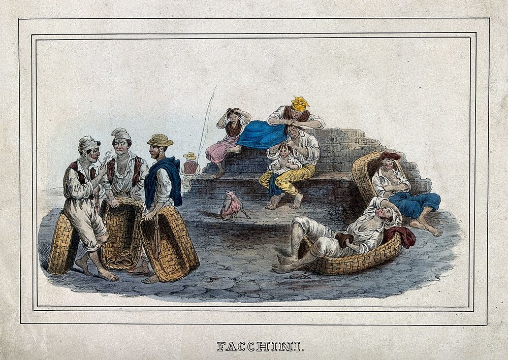 Labourers resting and chatting; in the central background a family pick fleas from each other's heads. Coloured lithograph.