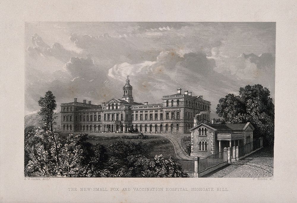 The Smallpox and Vaccination Hospital, Highgate, Middlesex. Line engraving by C. Simms after S.W. Daukes, 1848.