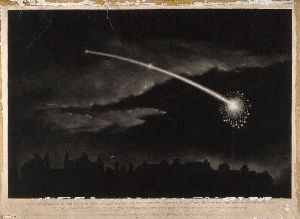 Astronomy: a meteor in the night sky over London. Mezzotint by M.C. Wyatt, 1850.